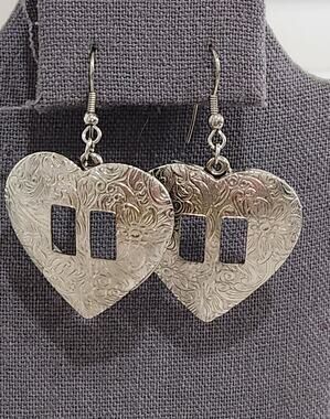 Silver Engraved Heart Dangle Earrings Fish Hook Back Lightweight